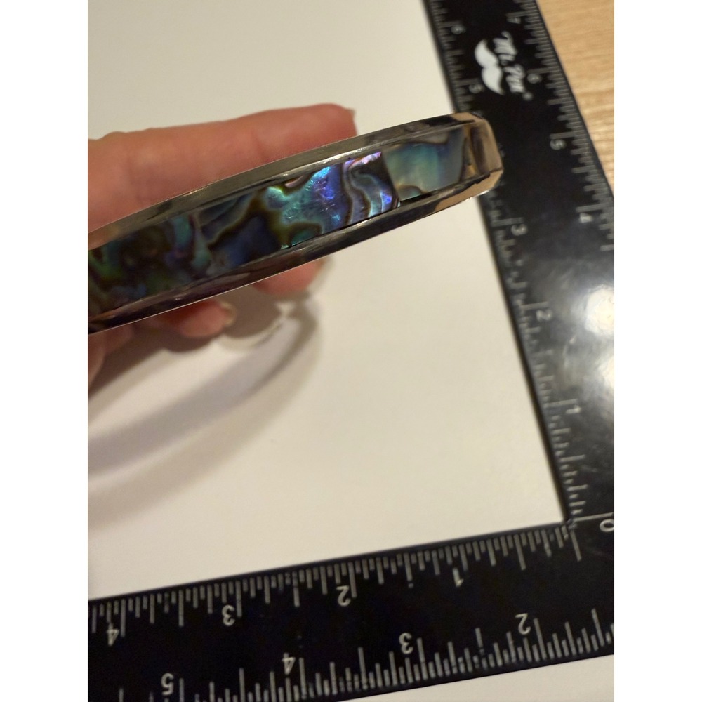 Abalone Shell Inlay Bangle Bracelet Silver Tone Iridescent Boho Jewelry